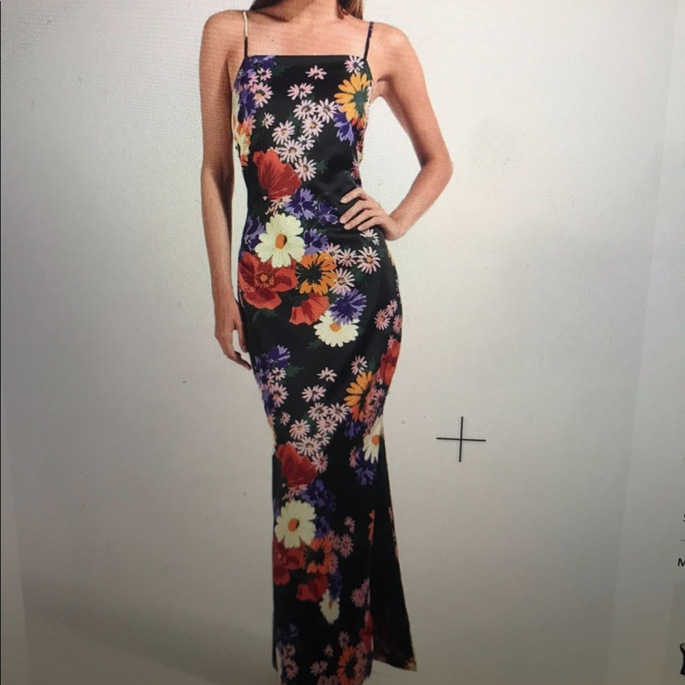 STAUD Heidi Dress, floral silk with side slit and pearl back detail